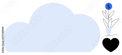 Large cloud shape, potted plant with coin, and heart symbolizing growth, finance, and care. Ideal for saving, sustainability, fintech cloud service investment charity wellness. Simple flat