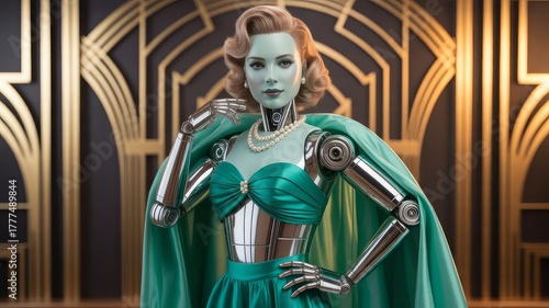 glamorous 1940s fashion, featuring polished chrome and brushed steel body panels with subtle articulated joints. The robot wears an elegant emerald green 