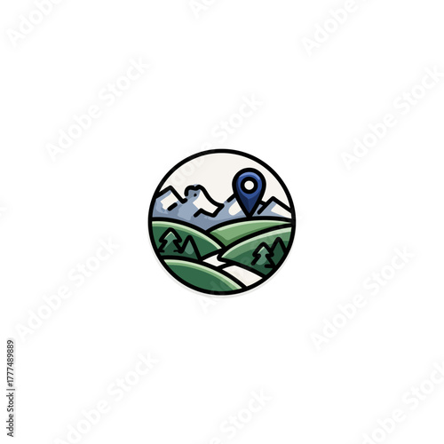 Outdoor Adventure Navigation Icon with Mountains, Rolling Hills, Trees, and a Location Pin. Simple Vector Illustration.