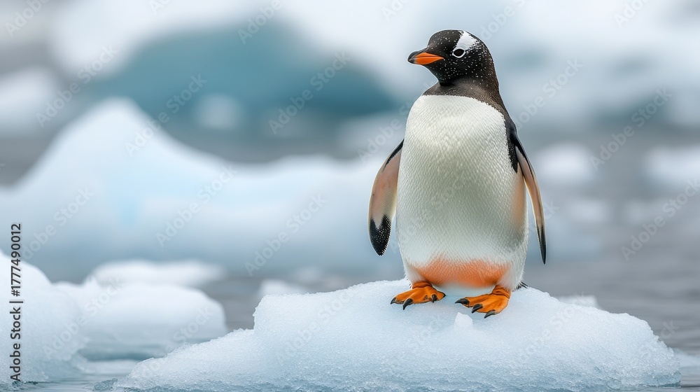 Obraz premium Close-Up Portrait of a Watchful Gentoo Penguin with Dark Eyes on Antarctic Ice, Sea in Background