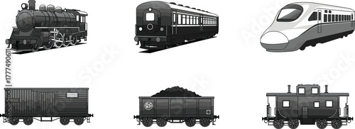 Steam locomotive, passenger train, high speed rail, boxcar, coal hopper, caboose, railway transport, freight cars, cad drawing flat vector illustration