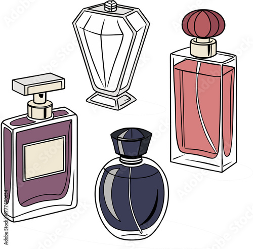 An array of perfume bottles, rendered in a photorealistic style, are arranged on a white background. The bottles exhibit a variety of shapes, sizes, and colors, indicative of diverse fragrance lines. 