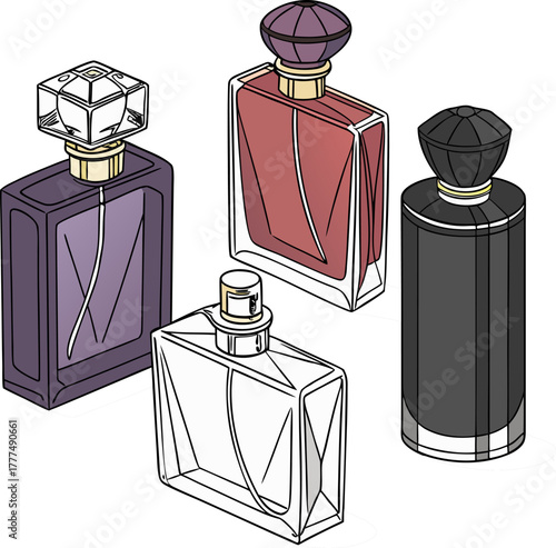 An array of perfume bottles, rendered in a photorealistic style, are arranged on a white background. The bottles exhibit a variety of shapes, sizes, and colors, indicative of diverse fragrance lines. 