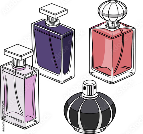 An array of perfume bottles, rendered in a photorealistic style, are arranged on a white background. The bottles exhibit a variety of shapes, sizes, and colors, indicative of diverse fragrance lines. 