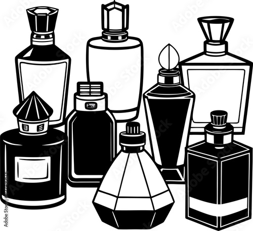 An array of perfume bottles, rendered in a photorealistic style, are arranged on a white background. The bottles exhibit a variety of shapes, sizes, and colors, indicative of diverse fragrance lines. 