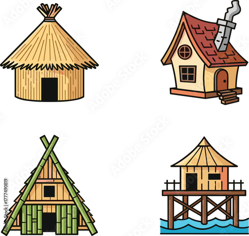 Traditional houses, round hut, stilt home, bamboo A‑frame, thatched roof dwelling, cultural architecture, rural shelter, cad drawing flat vector illustration