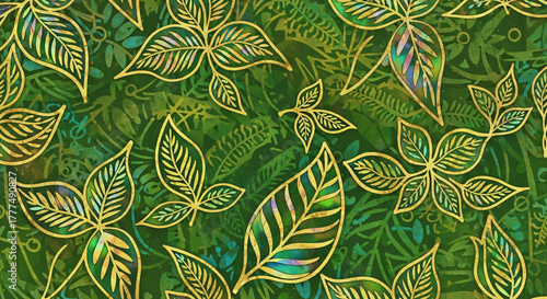Elegant Botanical Pattern Exquisite Golden Leaf Design on Lush Green Background for Decorative use