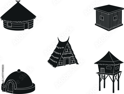 Traditional houses, indigenous huts, stilt house, dome dwelling, thatched roof, cultural architecture, rural shelter, ethnic homes, cad drawing flat vector illustration
