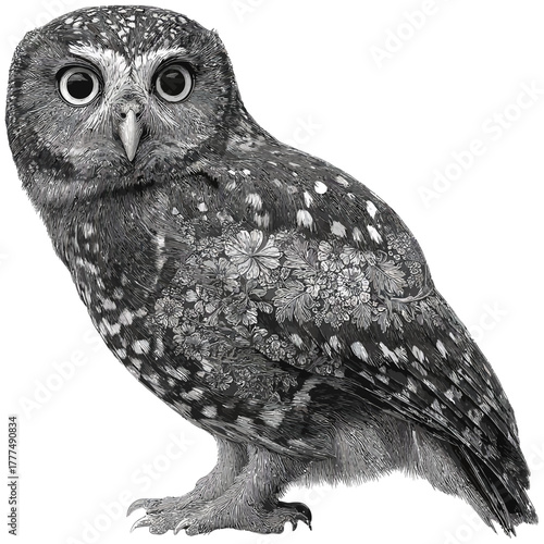 Cute small owl illustration with wide staring eyes, isolated on white, a black and white detailed wildlife bird portrait