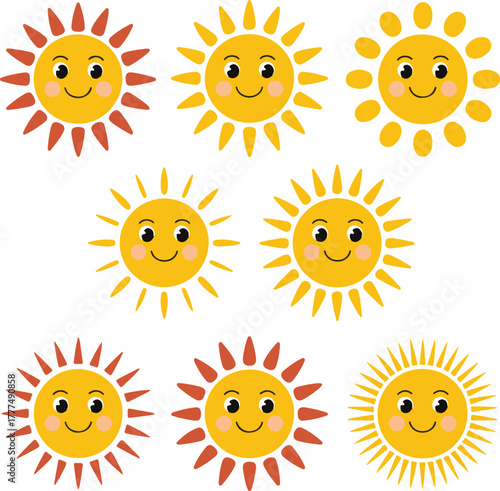 Collection of adorable cartoon sun characters with diverse happy and sad expressions