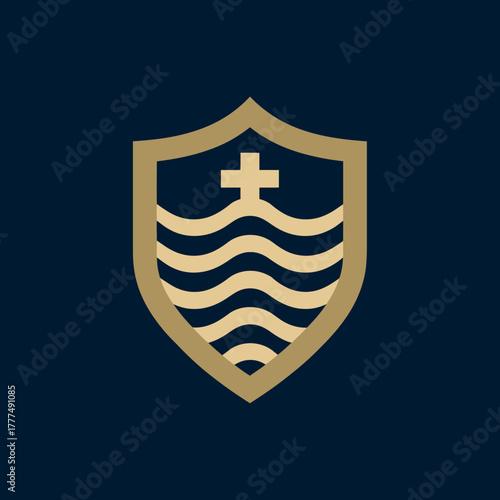 Abstract shield emblem with a cross and wavy water design in gold on a dark blue background, representing faith, protection, and spiritual concepts.