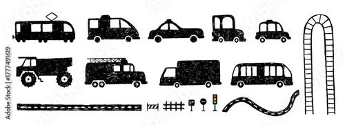 Pencil drawing road elements. Hand drawn crayon truck, bus, tram, taxi cars black silhouettes. Traffic signs, grunge ways and railway. Children design vector set