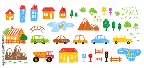 Vibrant crayon drawing countryside elements. Isolated houses, cars, truck, traffic signs and nature landscape. Lakes shapes, tree, children drawn vector clipart