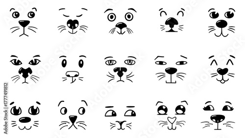 Doodle cat faces. Sketch comic dog kitten face, emotions of pets. Various animal mood, noses eyes, moustaches. Hand drawn neoteric vector elements