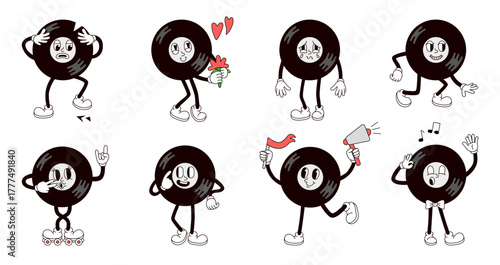 Vinyl retro character. Vinyl record mascot various poses and emotions. Music symbol in love, singing and on rollers. Groovy musical store neoteric vector symbol