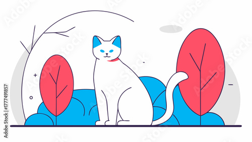 A white cat with blue ears and eyes sits in a stylized outdoor scene with red leaves and blue bushes on transparent background silhouette