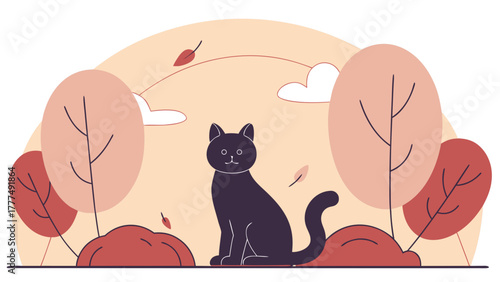 Black cat sitting calmly among stylized autumnal trees and falling leaves isolated on a white.