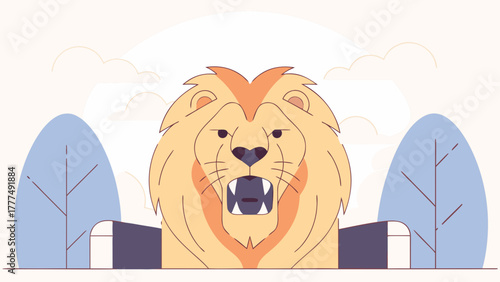Cartoon lion with a mane roaring between two trees under clouds and a sun illustration on transparent background silhouette