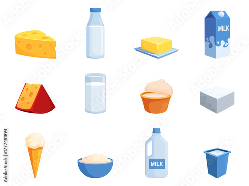 Dairy products. Cheese milk butter and yoghurt. Isolated sour cream and ice cream in waffle cone. Cottage cheese, greek feta, sapid vector clipart