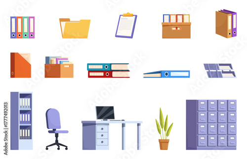 Isolated office icons. Papers, documents, various holders and folders. Cartoon shelves, work desk and cozy chair. Cardboard box and folder, sapid vector set