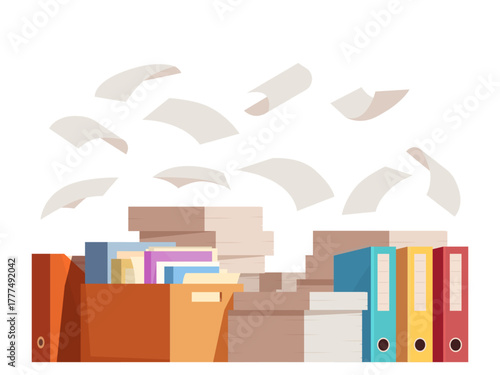 Office documents. Pile of folders, flying work papers. Different files, cardboard box and paper in containers. Work messy, sapid vector scene