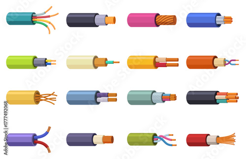 Electrical copper wires. Cartoon cables and electric conductors with insulation. Industrial elements, energy power cable, household and industry, sapid vector set