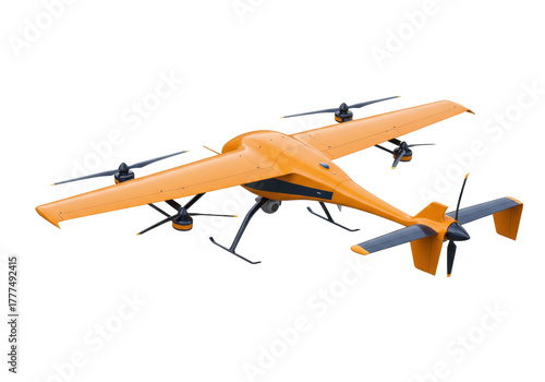 Isolated orange VTOL drone aircraft, futuristic aviation technology for delivery solutions