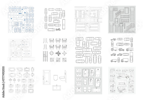 Architectural drawings of vehicles stairs bathrooms kitchens