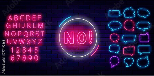 No neon emblem. Denial and fail. Online chat message. Glowing pink alphabet. Speech bubble frames. Vector stock illustration