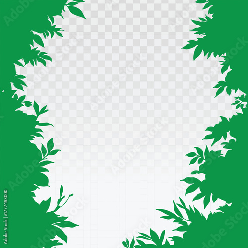 Bright green foliage forming a vertical organic frame border with dense leaves and plants. Ideal for natural backgrounds, ecology themes, gardening, nature design projects, and decorative layouts.