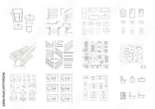 Architectural drawings of bathroom fixtures and kitchens