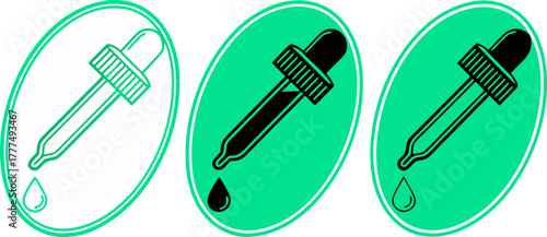 Three dropper icons are displayed against a clean white background. Each dropper is depicted at a slightly different stage of dispensing a drop. The leftmost dropper is rendered as an outline, showing