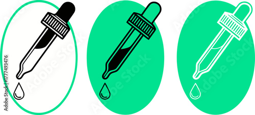 Three dropper icons are displayed against a clean white background. Each dropper is depicted at a slightly different stage of dispensing a drop. The leftmost dropper is rendered as an outline, showing