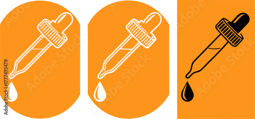 Three dropper icons are displayed against a clean white background. Each dropper is depicted at a slightly different stage of dispensing a drop. The leftmost dropper is rendered as an outline, showing