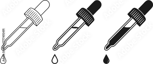 Three dropper icons are displayed against a clean white background. Each dropper is depicted at a slightly different stage of dispensing a drop. The leftmost dropper is rendered as an outline, showing