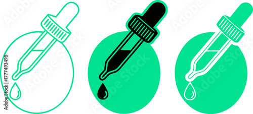 Three dropper icons are displayed against a clean white background. Each dropper is depicted at a slightly different stage of dispensing a drop. The leftmost dropper is rendered as an outline, showing