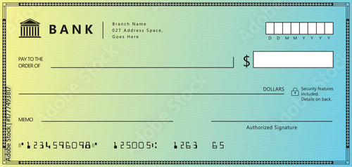Blue Bank check, vector blank money cheque, checkbook template with guilloche pattern and fields. Currency payment coupon, money check background	