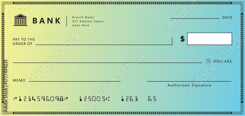 Blue Bank check, vector blank money cheque, checkbook template with guilloche pattern and fields. Currency payment coupon, money check background	