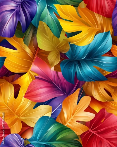 Vibrant tropical leaves in various colors.