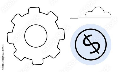 Gear and dollar coin symbolize productivity and profits with minimalistic cloud icon. Ideal for innovation, investment, business strategy, automation, fintech, sustainable growth, simple flat