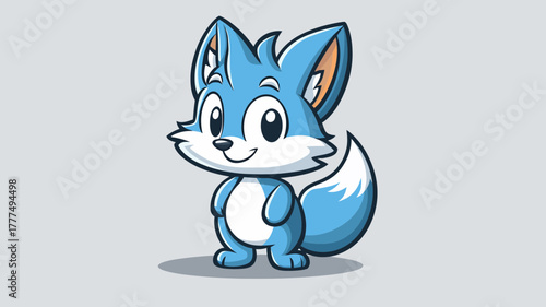 A charming and friendly blue fox cub smiles happily, an adorable cartoon mascot character design isolated on a plain background