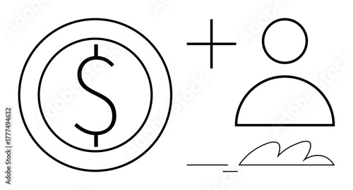 Minimalistic line art featuring dollar sign, user avatar, and plus sign. Ideal for finance, teamwork, collaboration, partnership, user roles budgeting start-ups. Simple flat metaphor