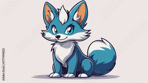 A charming blue fox character concept, an adorable fantasy canine mascot sitting in a simple cartoon vector style illustration