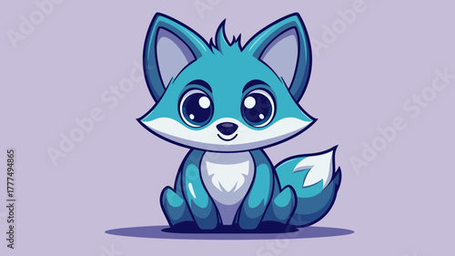 Adorable blue cartoon fox with big expressive eyes, sitting and looking forward, isolated on a soft purple background