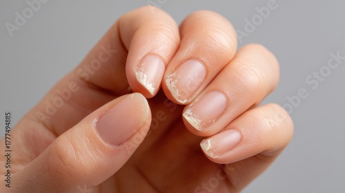 Close-up view of fragile fingernails after gel polish removal highlighting texture and condition