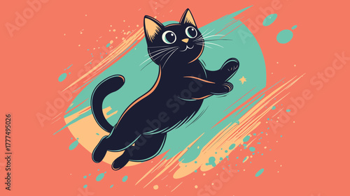 Whimsical Black Cat Cartoon Illustration with Playful Pose on Colorful Background