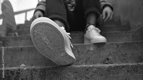 A dynamic low-angle perspective captures a person's foot in a clean, white sneaker making contact with a textured concrete stair. The detailed tread and pattern of the shoe's sole are clearly visible 