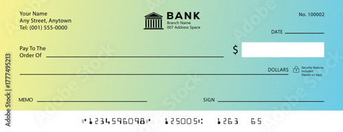 Blue Bank check, vector blank money cheque, checkbook template with guilloche pattern and fields. Currency payment coupon, money check background	
