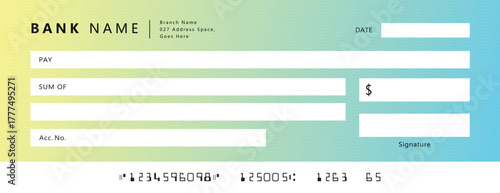 Blue Bank check, vector blank money cheque, checkbook template with guilloche pattern and fields. Currency payment coupon, money check background	
