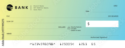 Blue Bank check, vector blank money cheque, checkbook template with guilloche pattern and fields. Currency payment coupon, money check background	